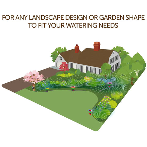 Illustration of 50 Ft Daisy Garden Hose And Sprinkler System for easy DIY plant watering in yard with colorful daisy sprinklers