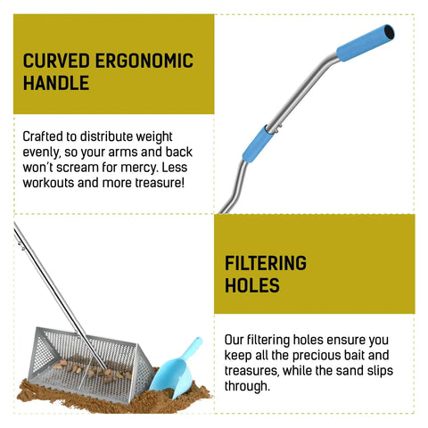 52 Inch Heavy Duty Beach Rake With Large 16 Inch Basket For Collecting Sand Fleas, Seashells, Shark Teeth, And Crabs, Non Slip Ergonomic Handle, Ultimate Beach Sifter Tool For Treasure Hunting, Shelling, And Tidepool Finds