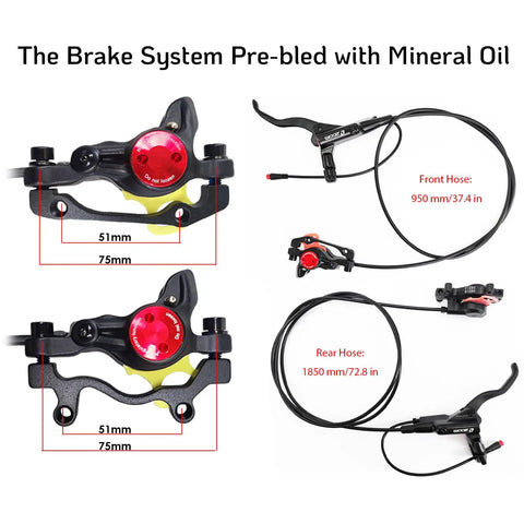 EBike Hydraulic Disc Brake Set With Power Off Sensor 2 3 Pin Compatibility Pre Bleed Levers And Calipers dimensions and hoses