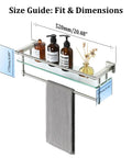 Floating Bathroom Shelf With Towel Bar 20 Inch 8mm Tempered Glass On SUS304 Stainless Steel in Brushed Nickel Finish with dimensions.
