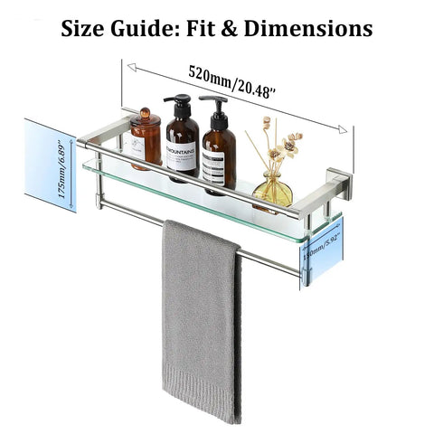 Floating Bathroom Shelf With Towel Bar 20 Inch 8mm Tempered Glass On SUS304 Stainless Steel in Brushed Nickel Finish with dimensions.