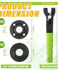 Beefy Angle Grinder Nut And Wrench Replacement Kit With Rigid Flange Spanner And Secure Locking Hardware For Hassle Free Blade Swaps On 4 5 5 And 7 Inch Machines showing dimensions of wrench and flange nuts.