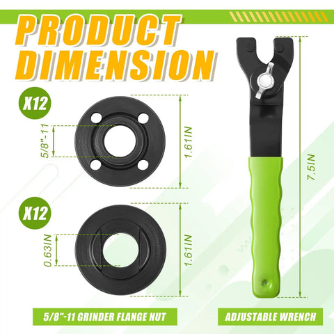 Beefy Angle Grinder Nut And Wrench Replacement Kit With Rigid Flange Spanner And Secure Locking Hardware For Hassle Free Blade Swaps On 4 5 5 And 7 Inch Machines showing dimensions of wrench and flange nuts.