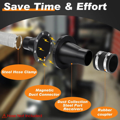4To2.5 Magnetic Dust Collection Fitting For 2 Inch Shop Vac Hose, featuring steel hose clamps and magnetic duct connector components.