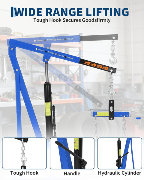 1.5 Ton Hydraulic Engine Hoist With Telescoping Boom Shop Crane For Garage And Warehouse Use 3000 Lb Capacity blue frame