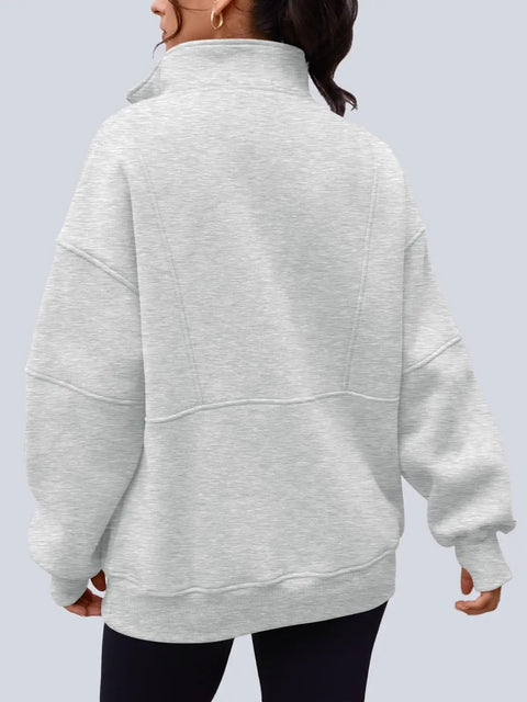 Back view of Women's Quarter Zip Oversized Fleece Pullover Hoodie Sweatshirt Mock Neck Sweater For Fall, Cozy AF Soft Cotton-Poly Blend, Gray, Size M