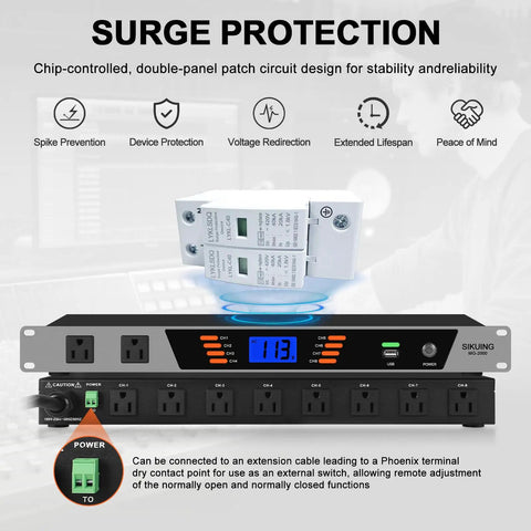 High Grade 10 Outlet Rackmount Power Conditioner And Sequencer with digital voltmeter and surge protection features.