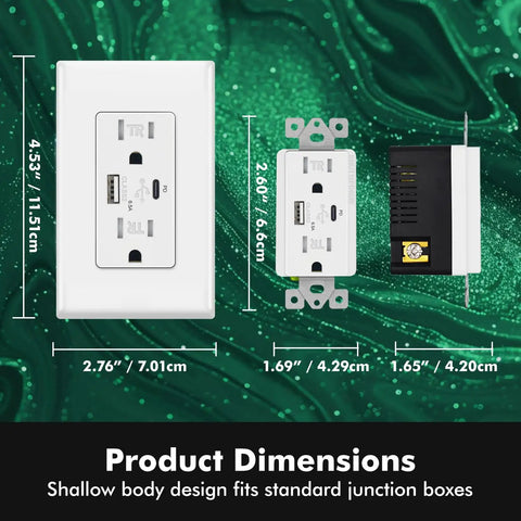 Beast Speed 65W GaN Fast Wall Charger Featuring Dual USB C And Type A Ports with product dimensions diagram.
