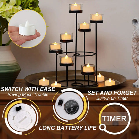 24 Pack Battery Operated Tea Lights With Timer For Home Decor on multi-tier holder, cozy warm white flickering LED candles