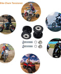 8mm Chain Tensioner Kit For Dirt Bikes And Mini Bikes Dual Pulley Roller Wheel Guide, shown with mounting screws, rings, and nuts