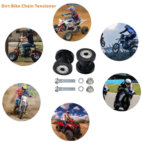 8mm Chain Tensioner Kit For Dirt Bikes And Mini Bikes Dual Pulley Roller Wheel Guide, shown with mounting screws, rings, and nuts