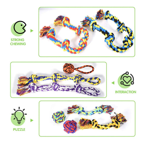 Indestructible Rope Chew Toys Set For Aggressive Chewers, showing three colorful heavy-duty dental rope toys for large breeds.