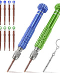 Must Have Handy Eyeglasses Screwdriver Kit 13 In 1 Magnetic Bits Set with blue and green handles, keychain, and magnetic bits.