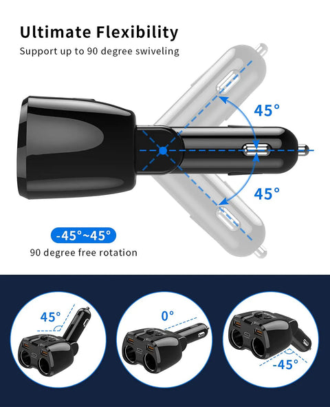 Beefed Up 180W Dual Cigarette Lighter Splitter with 90-degree rotation and independent switches for flexible car use.