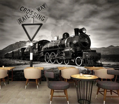Vintage steam locomotive mural with rail sign, Dope Old Steam Locomotive Wall Mural Peel And Stick 90 By 67 Inches Four Panels premium