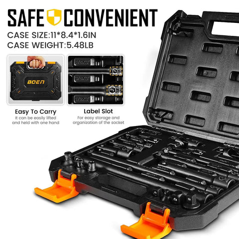 All In One 21 Piece Drive Tool Accessory Set with case showing organized sockets, adapters, and extension bars.