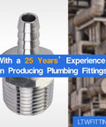 Heavy Duty Stainless Steel 316 Hose Barb Connector With 5/16 Hose Size And 1/2 Male Npt Thread, close-up view.