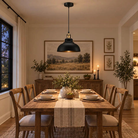 Black Industrial Metal Pendant Light, E26 Curvy Adjustable Ceiling Fixture hanging over a rustic dining table in a warm setting.