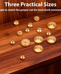 Brass Clock Hand Nuts Set, 15 Pieces, Three Sizes 5mm 6mm 10mm OD, Replacement Hardware for quick repairs on wood surface