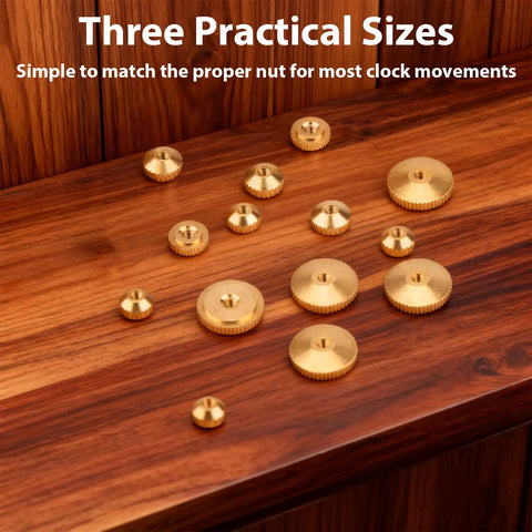 Brass Clock Hand Nuts Set, 15 Pieces, Three Sizes 5mm 6mm 10mm OD, Replacement Hardware for quick repairs on wood surface