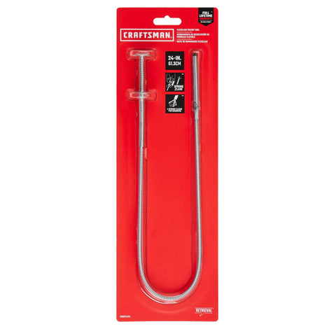 24-inch flexible grabber tool with free-moving plunger action for retrieving screws and small parts in tight spaces.