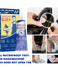 Ultimate Shoe Glue Repair Kit with applicator and two bottles for repairing sneakers and leather, shown in use.