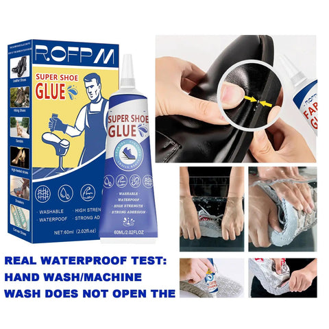 Ultimate Shoe Glue Repair Kit with applicator and two bottles for repairing sneakers and leather, shown in use.