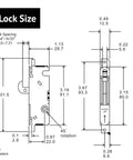 Technical drawing of Sliding Patio Door Lock With 45 Degree Keyway And Adjustable Bolt Projection, dimensions shown.