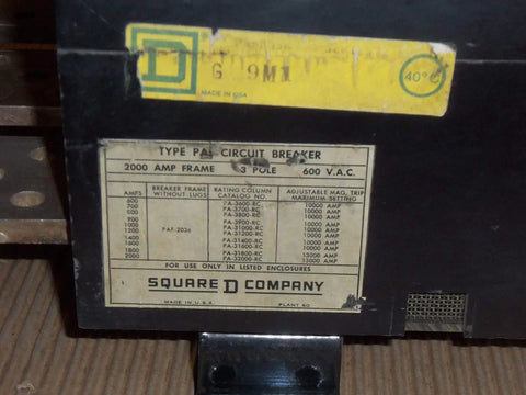 Label detail of Top Shelf Heavy Duty 2000 Amp Frame Industrial Circuit Breaker Featuring 1600 Amp Magnetic Trip Three Pole 600 Volt Panel Switch Ready.