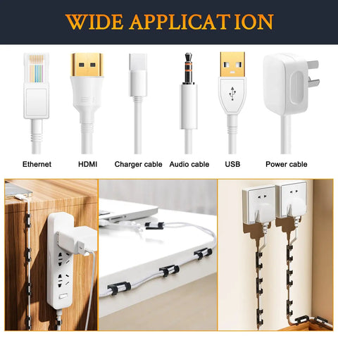 Assorted cables organized with 50 Piece Self Adhesive Cable Management Clips Set For TV PC Laptop And Ethernet Cables No Mess Sticky Wire Clips Cord Holder Easy Tidy Organization For Desktop Home Office Black shown in use