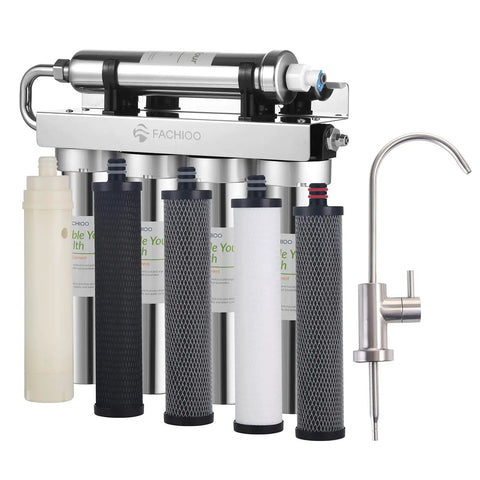 Under Sink Water Filter System 0.01 Micron Ultra Filtration Tankless 5-Stage High Capacity with faucet and filters.