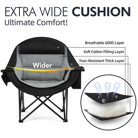 Beast Mode Comfort Oversized Camping Chair with extra wide cushion, showing breathable layers and durable materials