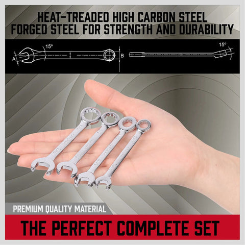 Hand holding Beefy 22 Piece Mini Wrench Set With Metric And SAE Sizes From 4 To 10mm And 5 32 Inches To 7 16 Inches High Carbon Steel angled design.