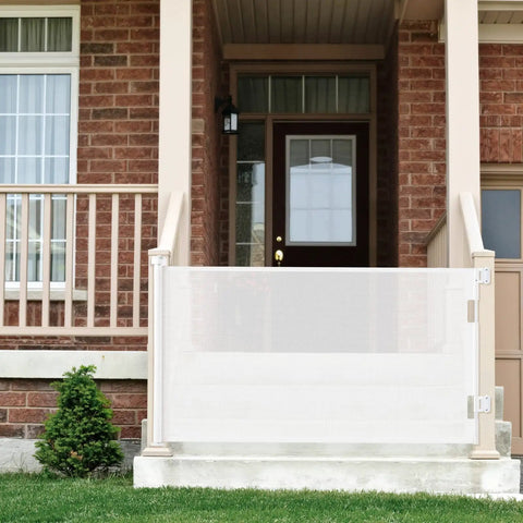 Retractable Baby Gate With Mesh For Quick Room Conversion And Kid Friendly Living Extends 0 To 55 Inches Wide And 33 Inches High Sturdy Locking Design For Stairs Doors And Hallways Space Saving Indoor Outdoor Pet And Baby Safety Gate installed on porch