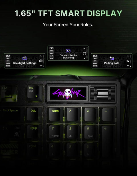1.65" TFT screen displaying backlight settings, profile switching, and polling rate on Slick 98 Key Wireless Mechanical Gaming Keyboard.