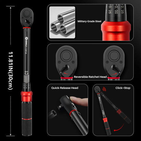 Three Eighth Inch Drive Click Torque Wrench showing details, including reversible ratchet head and military-grade steel, for cars and bikes DIY projects.