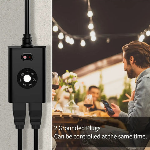 Rock Solid Dual Outlet Outdoor Timer Plug With Dope Slick Wireless Remote Control Waterproof Gfi Receptacle Dusk To Dawn Photo Sensor Countdown Timer For Garden And Home close up of dual grounded plugs and remote control in outdoor setting