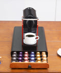Coffee Pod Drawer Organizer For Nespresso OriginalLine Capsules Holds 60 Pods In 6 Clear Columns with Nespresso machine on top