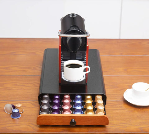 Coffee Pod Drawer Organizer For Nespresso OriginalLine Capsules Holds 60 Pods In 6 Clear Columns with Nespresso machine on top