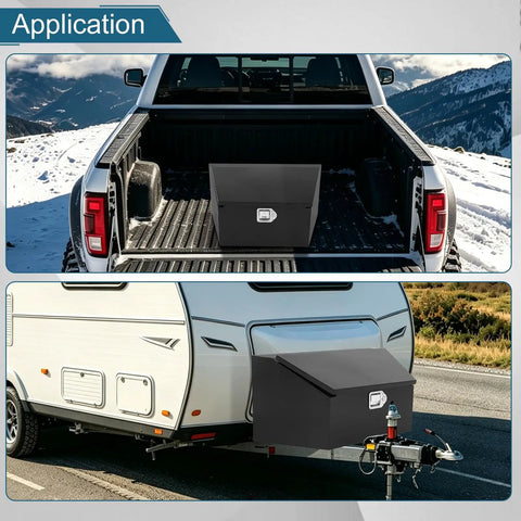 Heavy Duty 36 Inch Black Steel Trailer Tongue Tool Box With Overhang Lip And Solid Lock Featuring Fold Up Door Design mounted in truck and trailer.