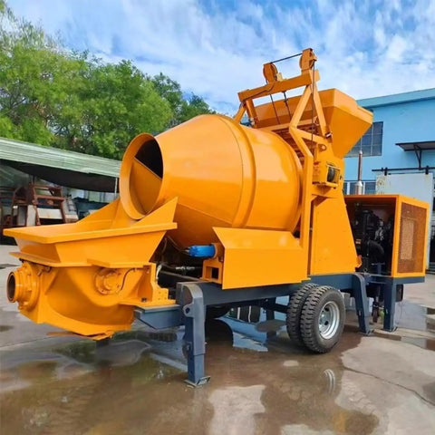 Hardcore Automatic Concrete Mixer Pump With Dead Simple PLC Controls And High Volume Grout Delivery For Foolproof Foundation Pouring and Zero Hassle Job Site Setup, side view showing mixing drum and discharge chute.