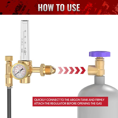 Front view of brass argon/CO2 welding gas regulator with flow meter and gauge