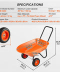 Diagram showing dimensions and specs of Heavy Duty Workhorse Garden Dump Cart With 5 Cu Ft Load And 397 Lb Capacity Two Wheel Wheelbarrow