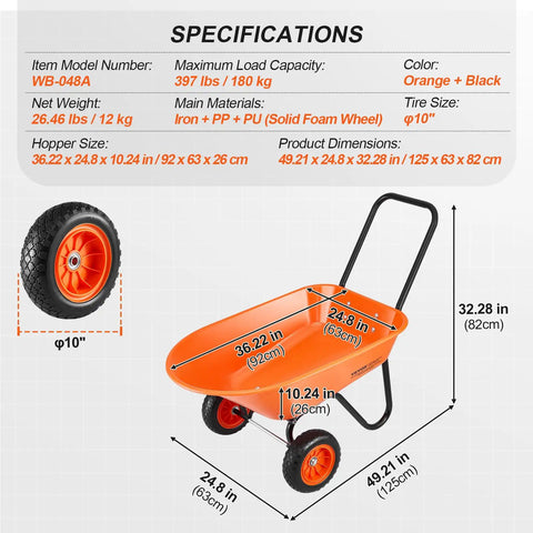 Diagram showing dimensions and specs of Heavy Duty Workhorse Garden Dump Cart With 5 Cu Ft Load And 397 Lb Capacity Two Wheel Wheelbarrow