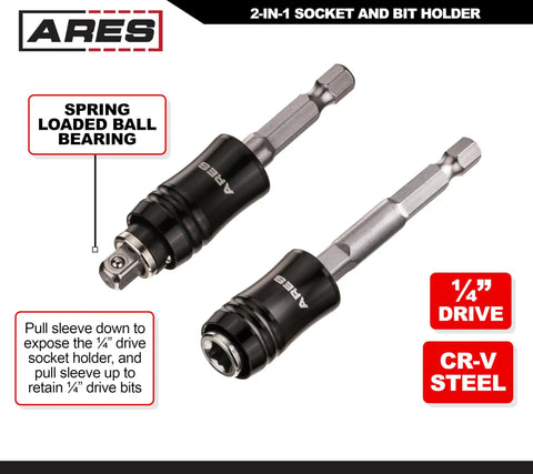 2 In 1 Socket Bit Holder For One Quarter Inch Drive Sockets And Bits With Quick Change Mechanism, black and grey, shown in packaging