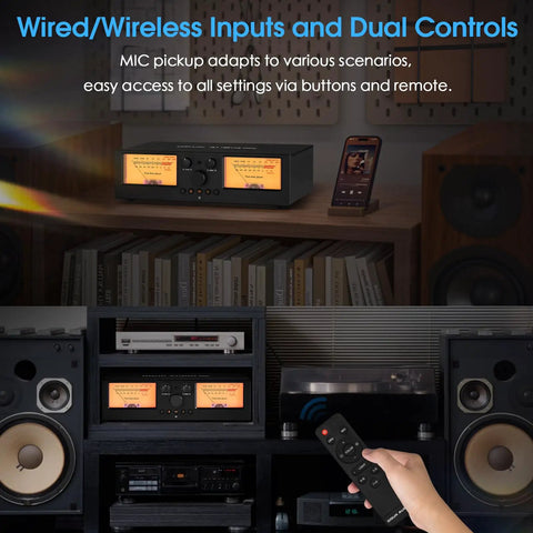 VU3 Pro Dual Analog VU Meter For Audiophiles 2 Way Amplifier Switch And Speaker Selector 2 In 2 Out Audio Switcher Box on shelf with remote