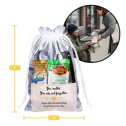 Five Complete Hygiene Care Packages For The Homeless With Socks Soap Toothbrush Toothpaste First Aid Wipes Lip Balm And Food Ideal Outreach Blessing Bags For Charity And Street Outreach Programs shown in a clear bag.