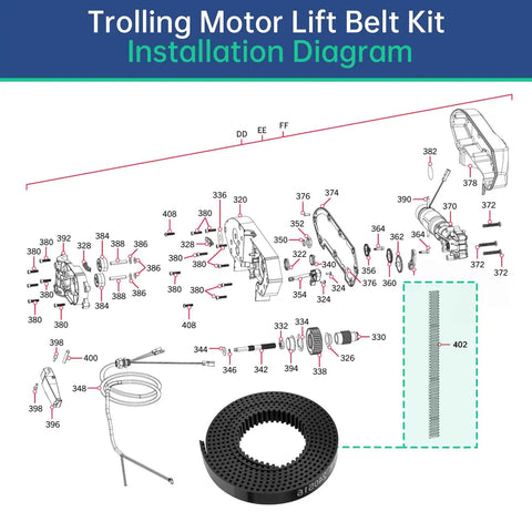 Installation diagram of Lift Belt Kit For Ulterra Trolling Motors with 45 54 or 60 inch shaft options, components detailed.