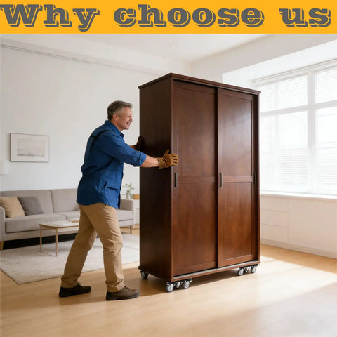 Man using Heavy Duty Furniture Sliders With Four Wheels And 360 Degree Rotating Mover Set For Moving Sofa Bed Table And Other Big Furniture Maximum Load 1100 Lbs Non Slip Easy Glide Dolly