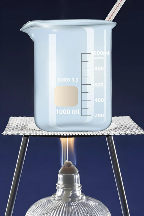Lab Beaker Set 3.3 Borosilicate Glass Low Form Pack Of 5 50 ML 100 ML 250 ML 500 ML 1000 ML Heat Resistant And Durable For Lab Classroom Home And Industrial Use showing 1000 mL beaker on burner